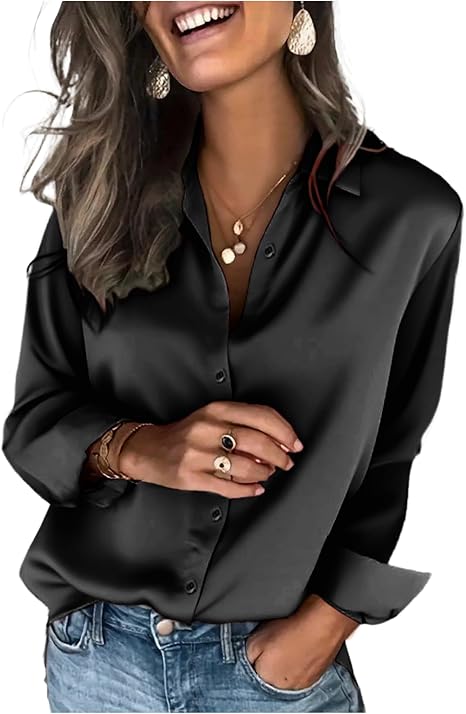 Women's Satin Blouse Long Sleeve Button Down Shirts