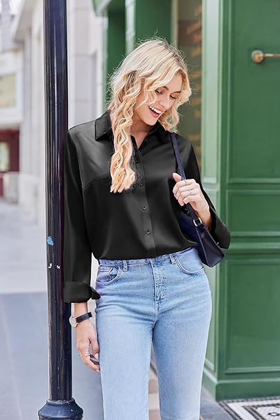 Women's Satin Blouse Long Sleeve Button Down Shirts